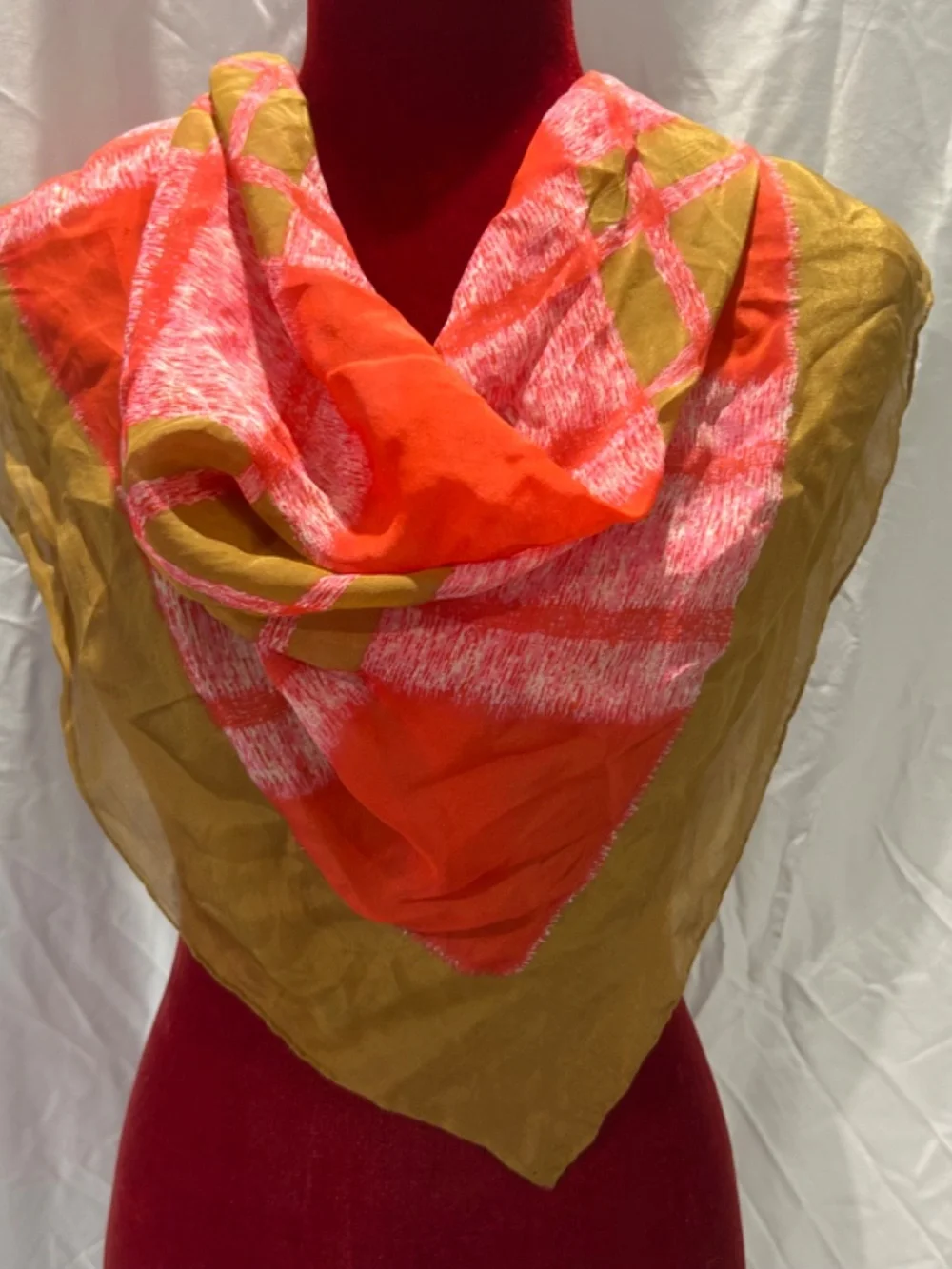 Vintage Silk Scarf 30x30, Hand Rolled Edge, Coral Pink Olive Gold Plaid Square